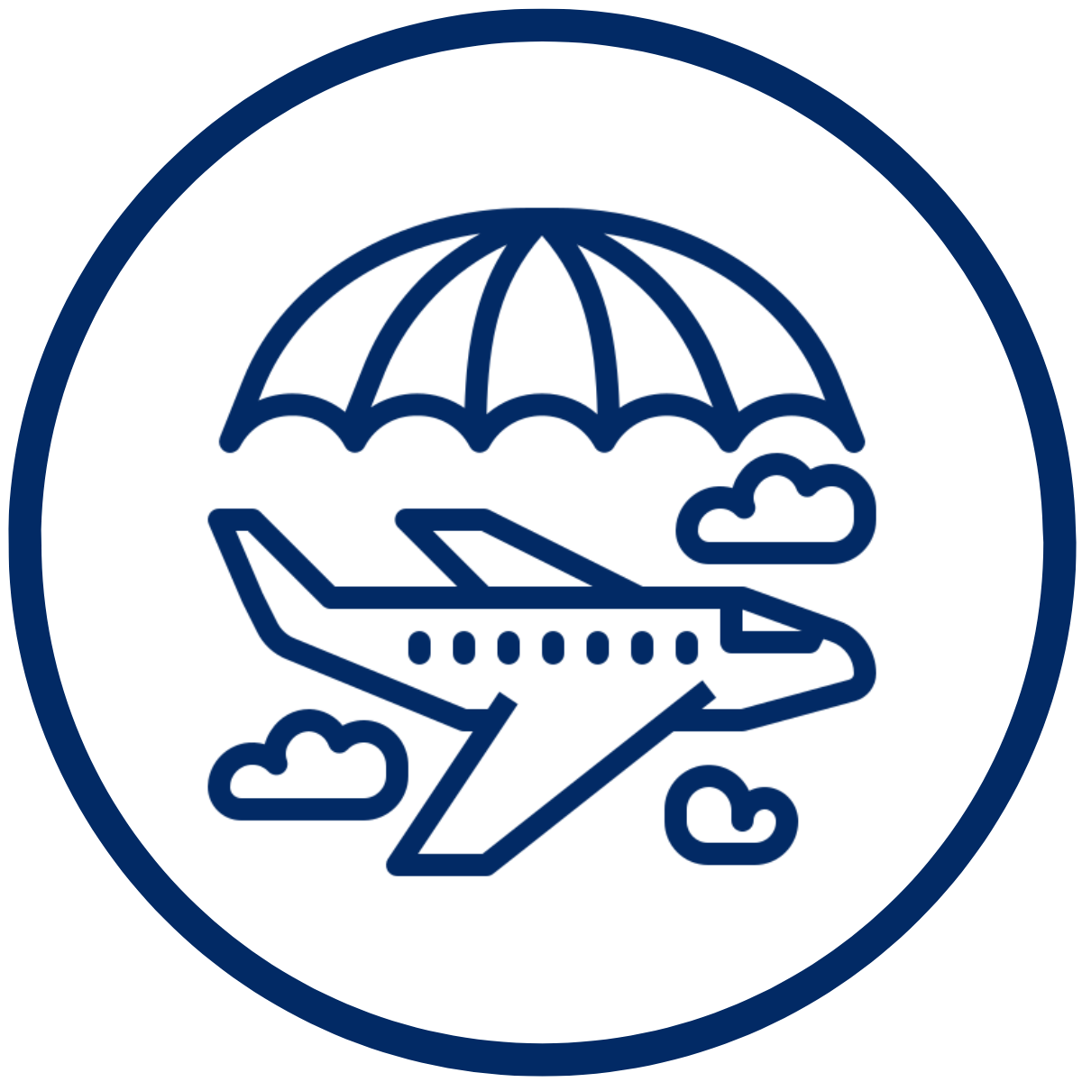 Rounded icon of an aircraft under an umbrella.